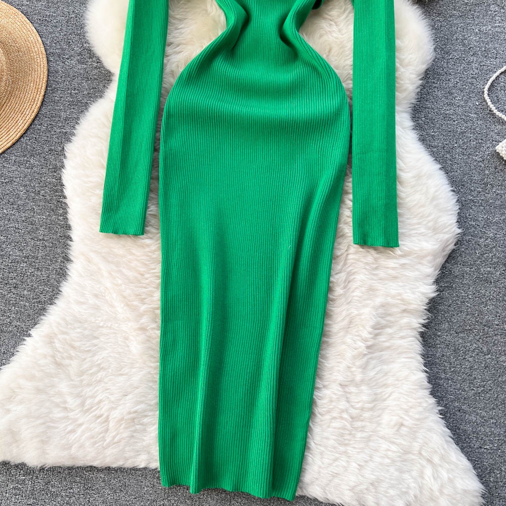 Đầm len dệt kim nữ thu đông dây chéo cách điệu