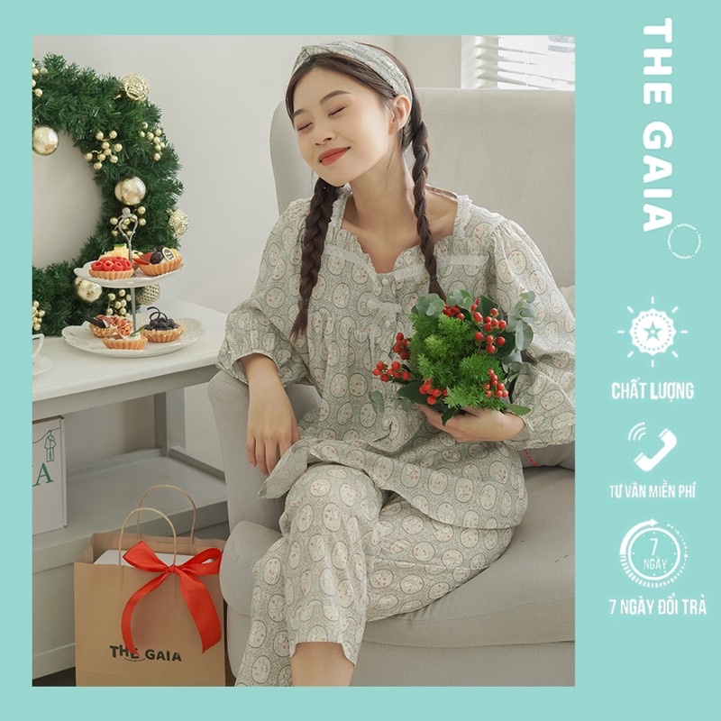 THE GAIA - Bộ pyjama nữ mặc nhà dài tay chất liệu vải thô cotton hoạ tiết thỏ phối ren