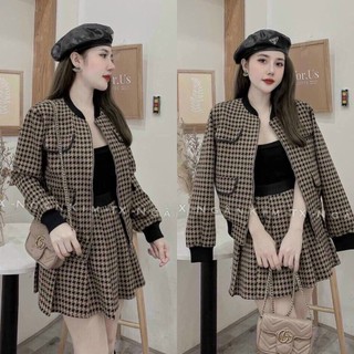 Set áo dạ caro kèm chân váy