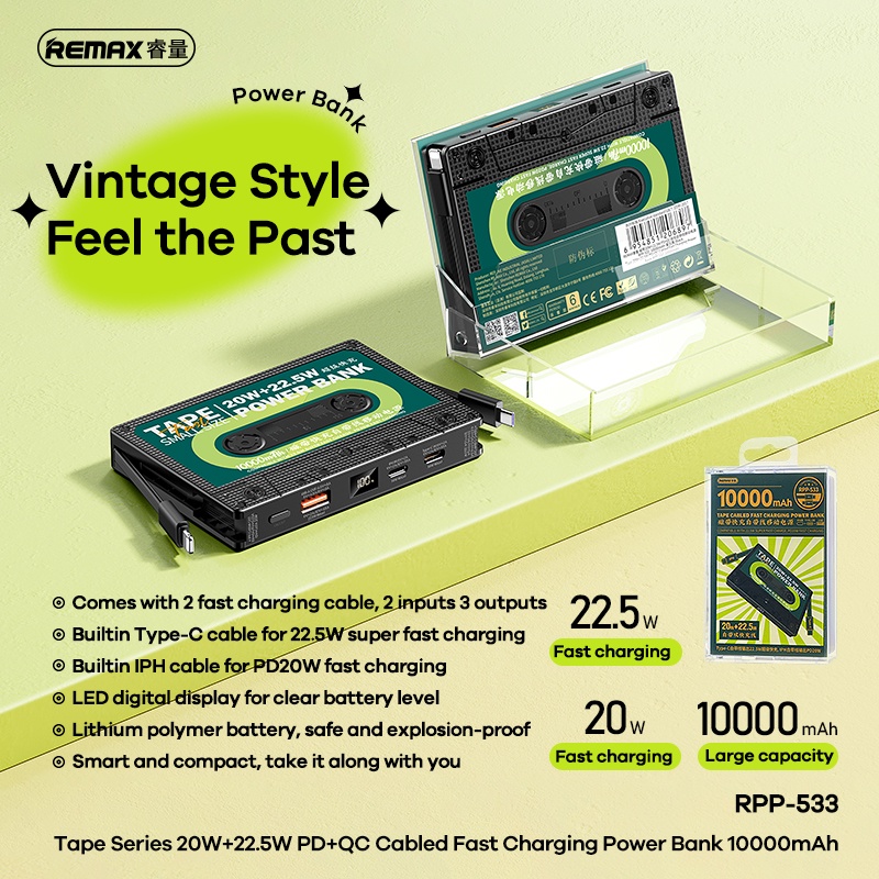 Pin Sạc Dự Phòng Nhanh REMAX 20W + 22.5W PD + QC RPP-533 10000mAh