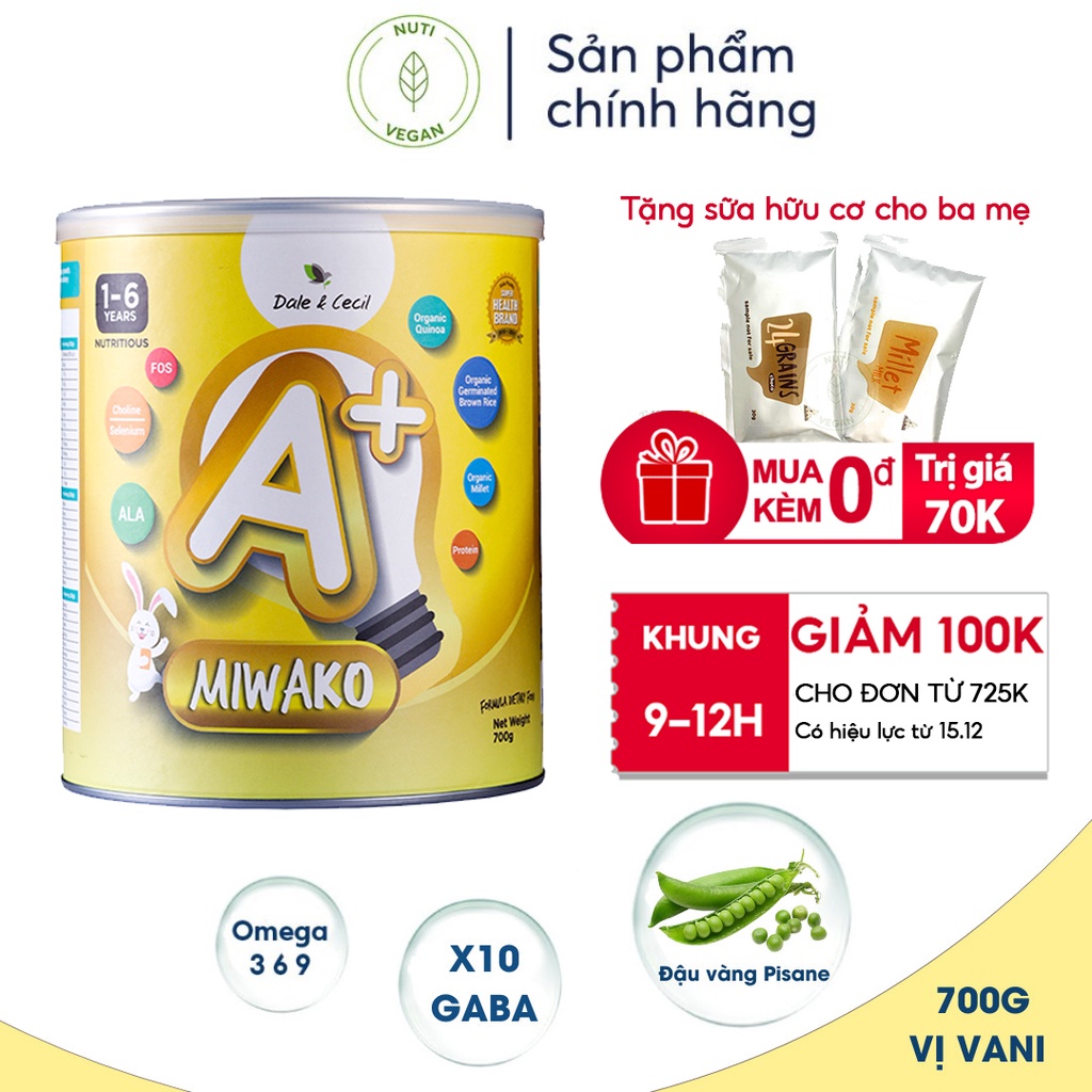 Sữa Hạt Hữu Cơ Miwako A+ Vị Vani Hộp 700g, Sữa Công Thức Cho Bé Từ 1 Tuổi Chậm Nói Tăng Động Giảm Chú Ý - nutivegan