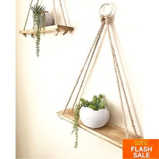 Kệ Gỗ Treo Tường Nhỏ Xinh 🍉GIÁ XƯỞNG🍉 Bằng Dây Treo Kết Hợp Vòng Kim Loại Phong Cách Retro DIY