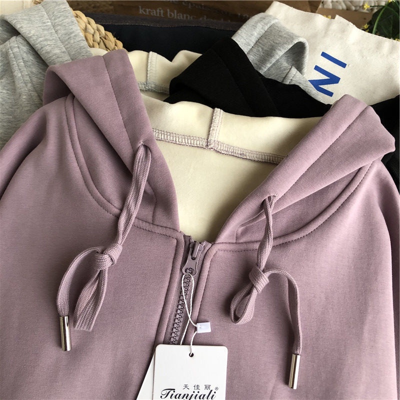 Áo Khoác Cardigan Có Nón Dày Dặn Phối Khóa Kéo Thời Trang Thu Đông Hàn Quốc 2023