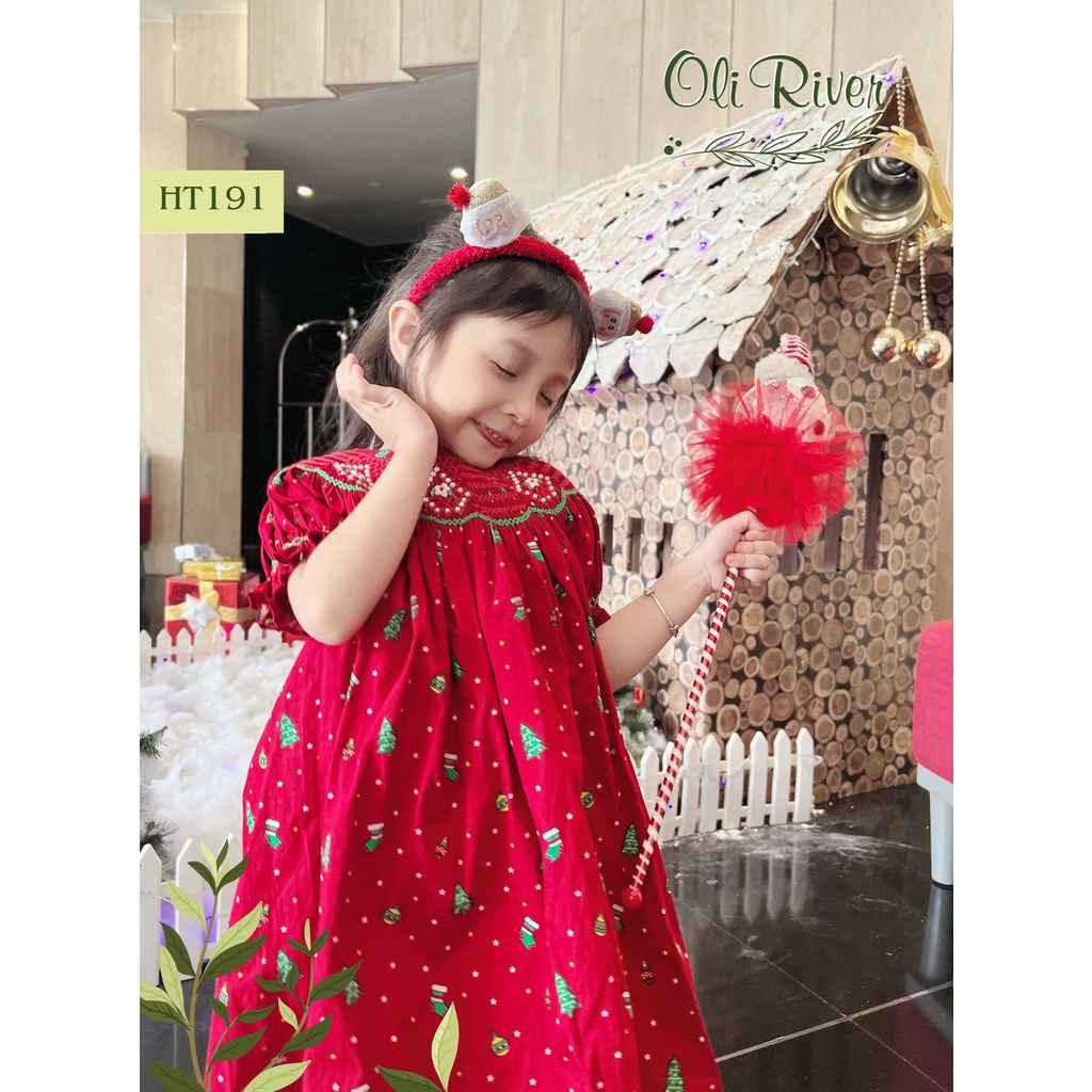 Váy Smock bé gái Oli River tay bồng thêu hoa họa tiết cây thông diện đi chơi Giáng sinh cho bé từ 1 - 8 tuổi - HT191