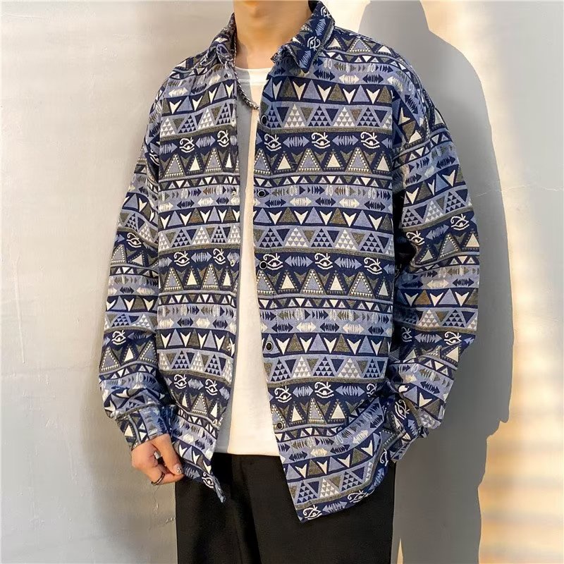 Autumn winter men's long-sleeved lining m-3xl harajuku style retro woven thêu áo sơ mi rời phong cách nhật bản hợp thời trang ruffian đẹp trai áo khoác giản dị