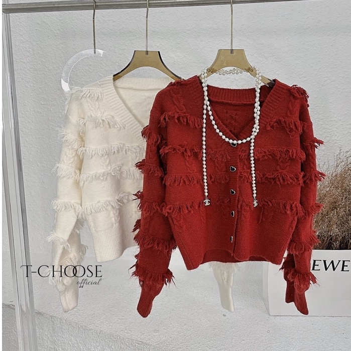 Áo len ép dày đẹp tua rua, áo khoác cardigan cúc trai tim ngọc