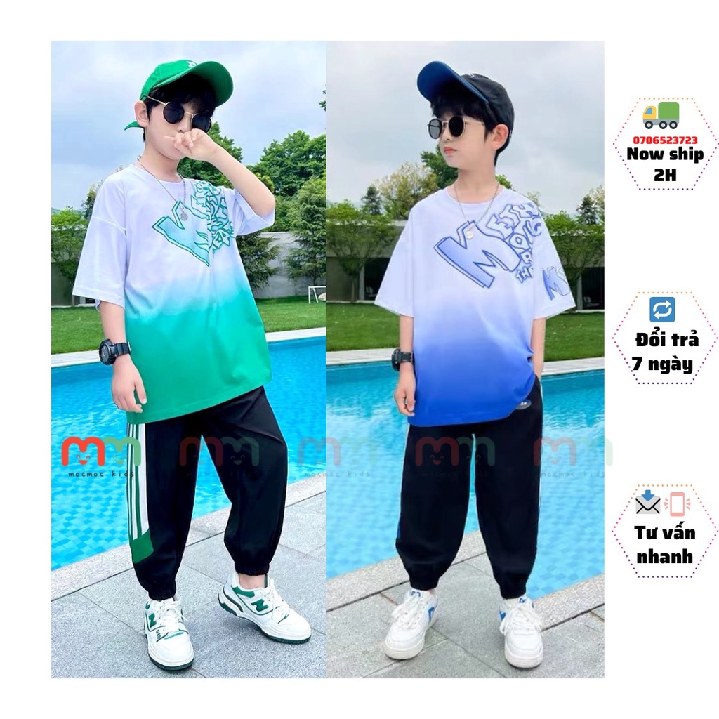 Set đồ bé trai hiphop áo thun cộc tay quần jogger dài bo lai thun cotton co dãn cho bé 11kg đến 53kg