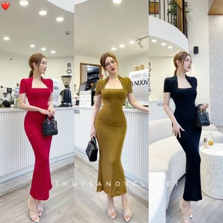 Đầm tay ngắn cổ tam giác ôm body dáng dài trơn hở lưng cực hot , chất thun gân dày dặn mềm mịn