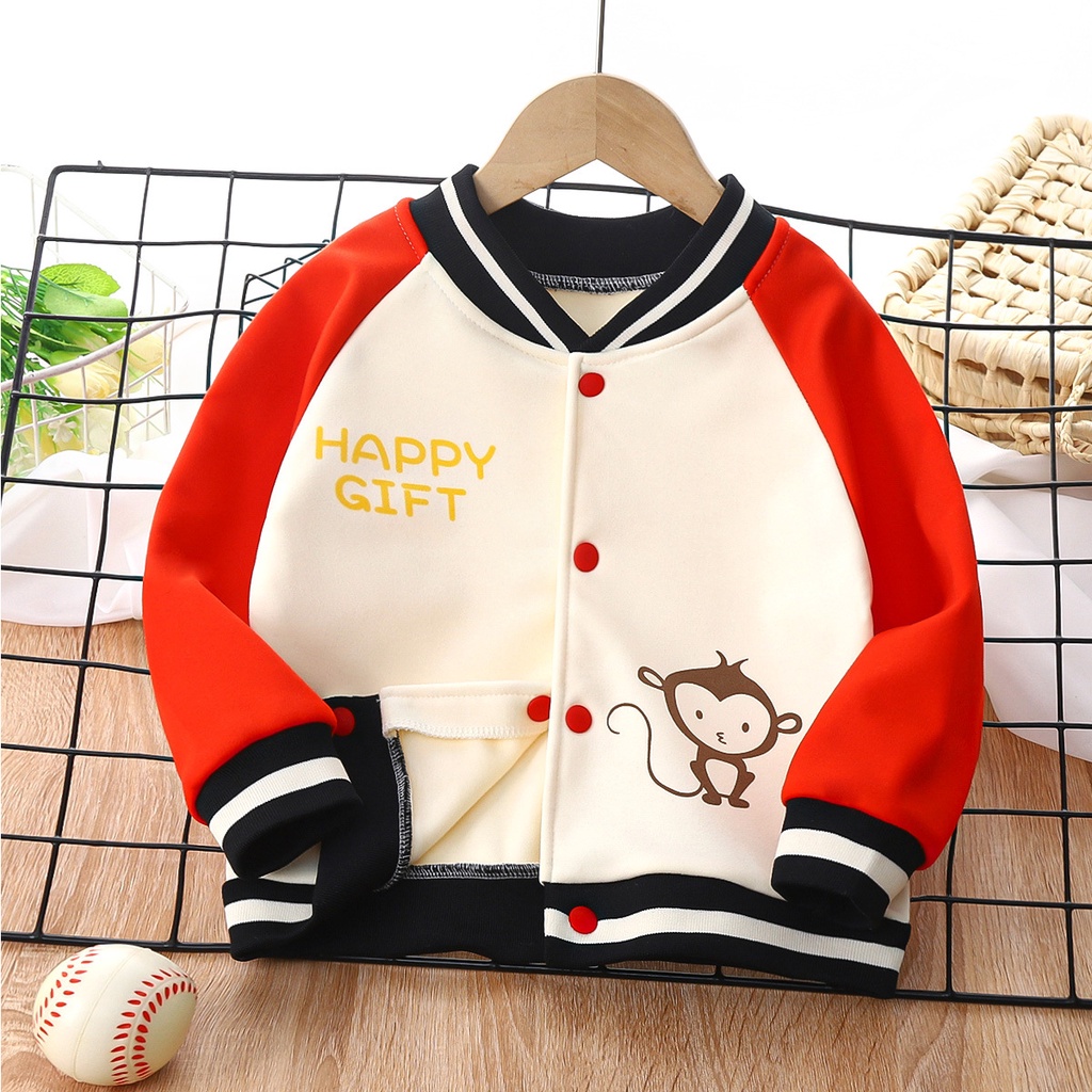 Áo khoác bóng chày LUCKYCANDY vải lông cừu dày tay dài in họa tiết hoạt hình thời trang cho bé 1-7 tuổi