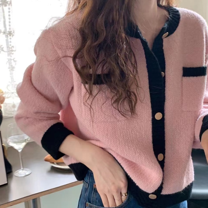 Áo Khoác Len Tay Dài Dáng Rộng Màu Tương Phản Thời Trang Mùa Thu Phong Cách Hàn Quốc