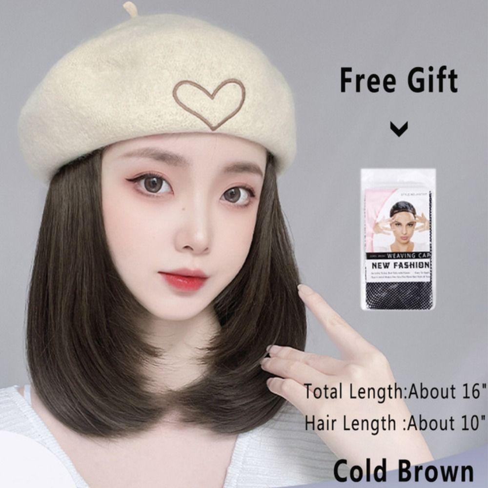 ANEMONE Mũ Beret Dệt Kim Phối Tóc Giả Màu Nâu / Đen Cách Nhiệt Thời Trang Mùa Đông Chất Lượng Cao Cho Nữ