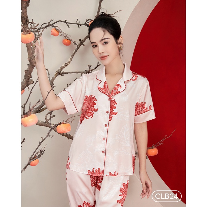 Bộ Pyjama satin ZAM Luxury - CLB24 - áo ngắn tay quần dài hoạ tiết