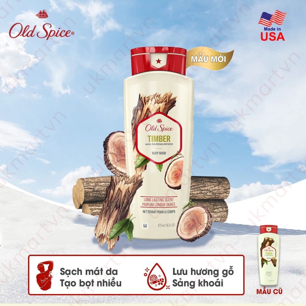 Sữa Tắm Nam Dạng Gel Old Spice 473ml Timber Bearglove Fiji Wolfthorn Pure Sport Fresh Tắm gội 2in1 532ml NK Mỹ