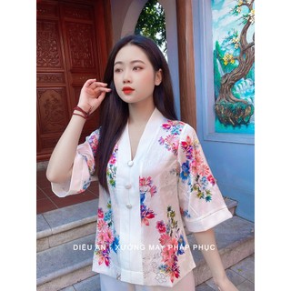 Bộ đi lễ chùa lụa trắng hoa lan ánh kim