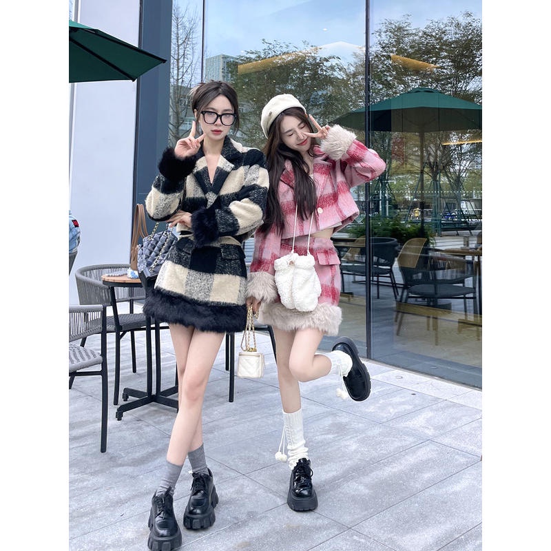 Set Đồ Nữ Sang Chảnh Áo Dạ Croptop Áo Vest Nữ Ngắn, Chân Váy Chữ A Cạp Cao Kẻ Caro Kiểu Hàn Quốc Thu Đông SD187