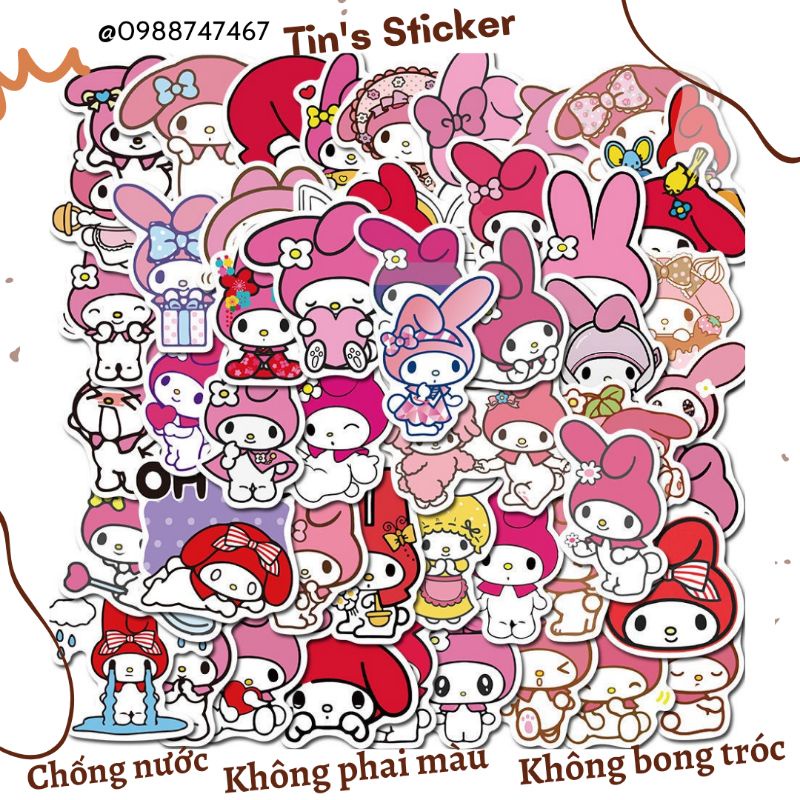 Set combo 50 miếng dán sticker My Melody dán nón mũ bảo hiểm laptop vali sổ sách đàn guitar tủ lạnh điện thoại xe máy