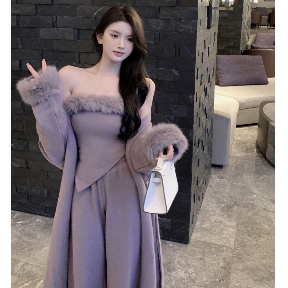 Bộ Áo Khoác Dệt Kim Cổ Lông Vũ + Quần Dài Ống Rộng Thời Trang QW0X