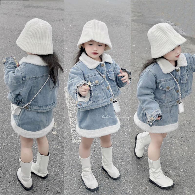 Set áo khoác và chân váy jean phối cổ viền bong tiểu thư bé gái