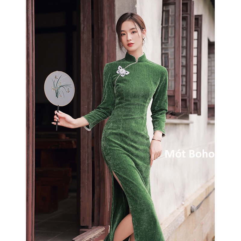Sườn xám nhung xanh lá