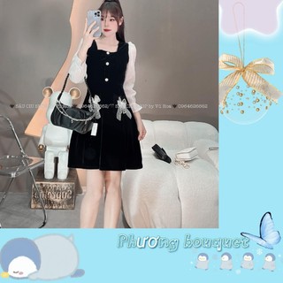 VÁY NHUNG PHỐI NƠ , VÁY NHUNG ĐEN PHỐI TAY TƠ XƯỚC