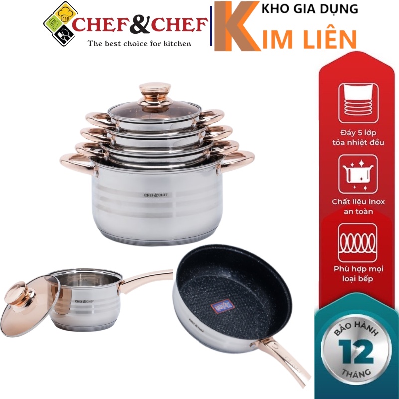 Bộ nồi chảo Đức 6 món inox 5 đáy CHEF&CHEF 6688 - Dùng được bếp từ - Chính hãng BH 12 tháng