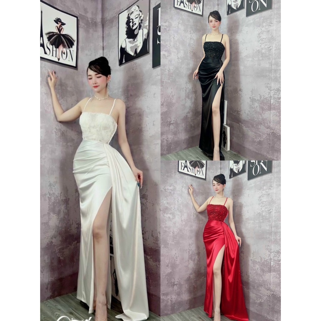 đầm nữ dự tiệc cưới phi lụa phối ren váy hai dây dáng dài xòe phối bèo sang trọng nổi bật