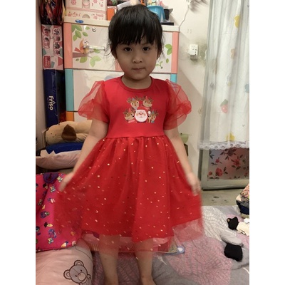 Váy noel cho bé gái hình tuần lộc, đầm cotton phối chân váy lưới kim sa lấp lánh cho bé