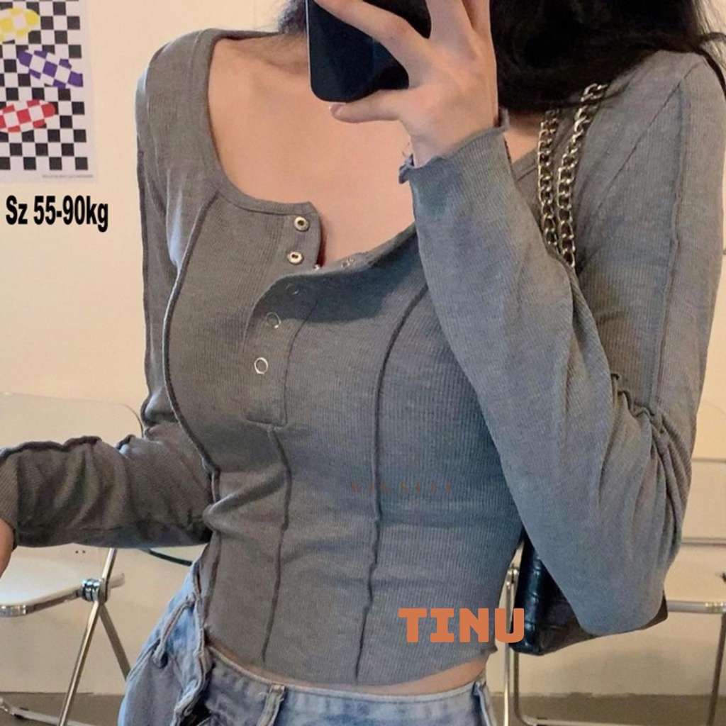 Áo thun cổ vuông, vạt bầu croptop nữ bigsize TINU, tay dài, tay ngắn 55-90kg, độ co dãn cao chất liệu thun gân