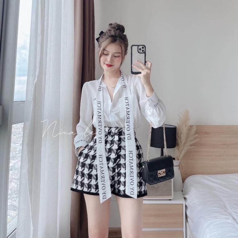 𝗩𝗶𝗱𝗲𝗼 𝗔̉𝗻𝗵 𝗧𝗵𝗮̣̂𝘁 ✔ Set áo sơ mi chữ nơ cổ mix quần sooc dạ zic zac hot hit Áo sơ mi lụa đũi mềm đẹp, phối dây nơ cổ đi