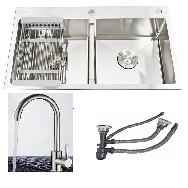 Chậu rửa chén bát 8245 inox 304 chuẩn 100%, kèm vòi rửa bát đồng mạ crome nóng lạnh, rá rau củ inox 