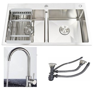 Chậu rửa chén bát 8245 inox 304 chuẩn 100%, kèm vòi rửa bát đồng mạ crome nóng lạnh, rá rau củ inox và xả chậu