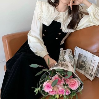 Váy nhung/ đầm nhung pha thô cổ ren dáng dài phong cách vintage clara siêu xinh
