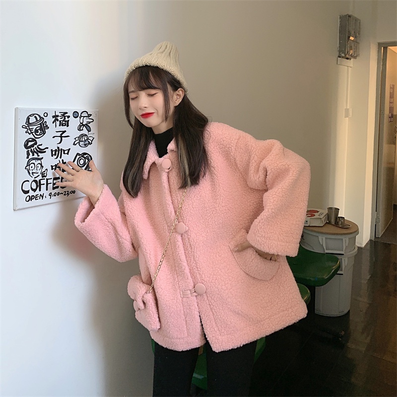 Áo khoác ZHELIHANGFEI len lông cừu dáng rộng thiết kế đơn giản hợp thời trang