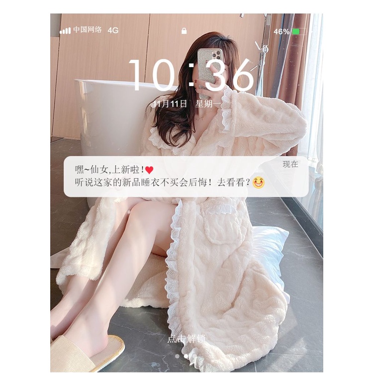 Áo Choàng Tắm Dài Qua Gối Bằng Lông Cừu San Hô Dày Dặn Thời Trang Thu Đông Cho Nữ