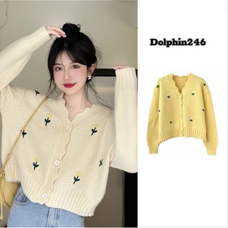  Áo khoác len croptop tay dài áo cadigan cardigan khoác ngoài họa tiết hoa cúc nhí phong cách Hàn Quốc G-19 