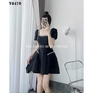 Đầm thời trang nữ mặc đi chơi cổ ngang chất vải gấm đính cườm, đầm có mút ngực
