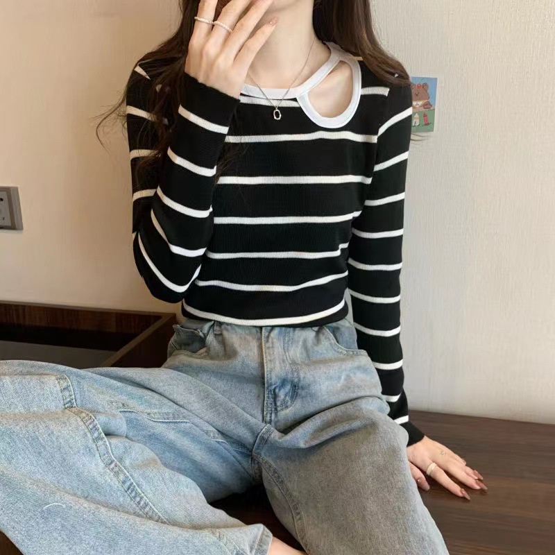 IELGYÁo sweater Dệt Kim Tay Dài Dáng Ôm Họa Tiết Kẻ Sọc Khoét Lỗ Thời Trang Cho Nữ