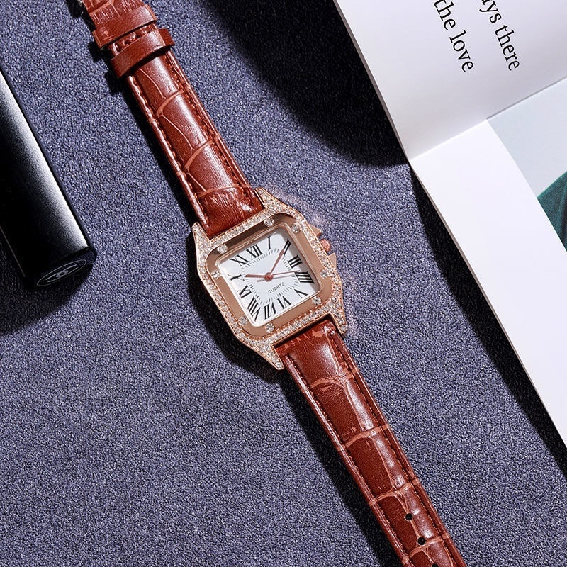 Đồng Hồ Quartz Nữ Mặt Vuông Đính Hột Xoàn Dây Da Thời Trang