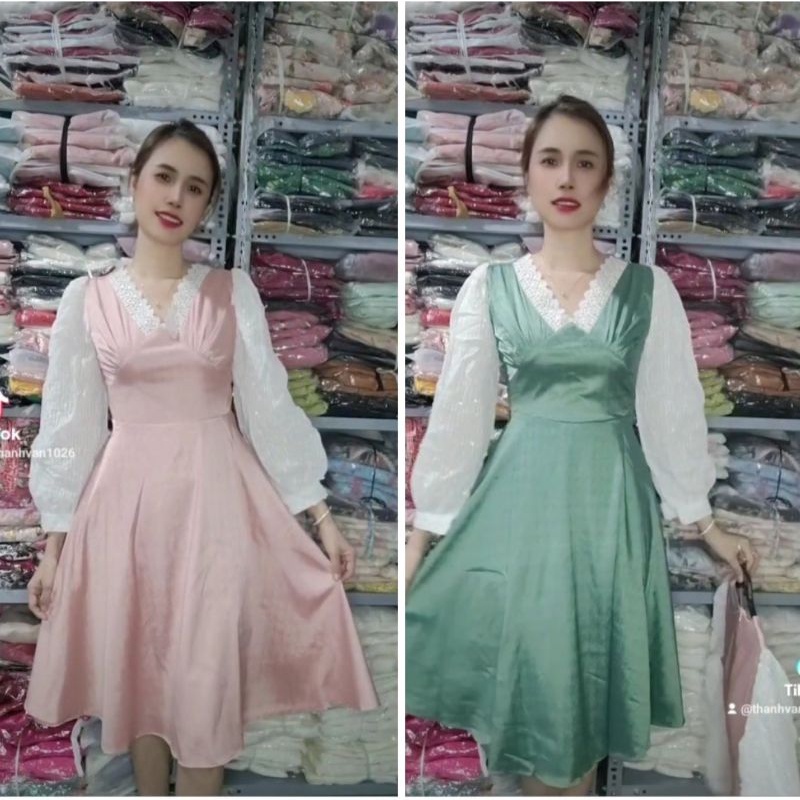 VÁY CỔ V PHỐI REN