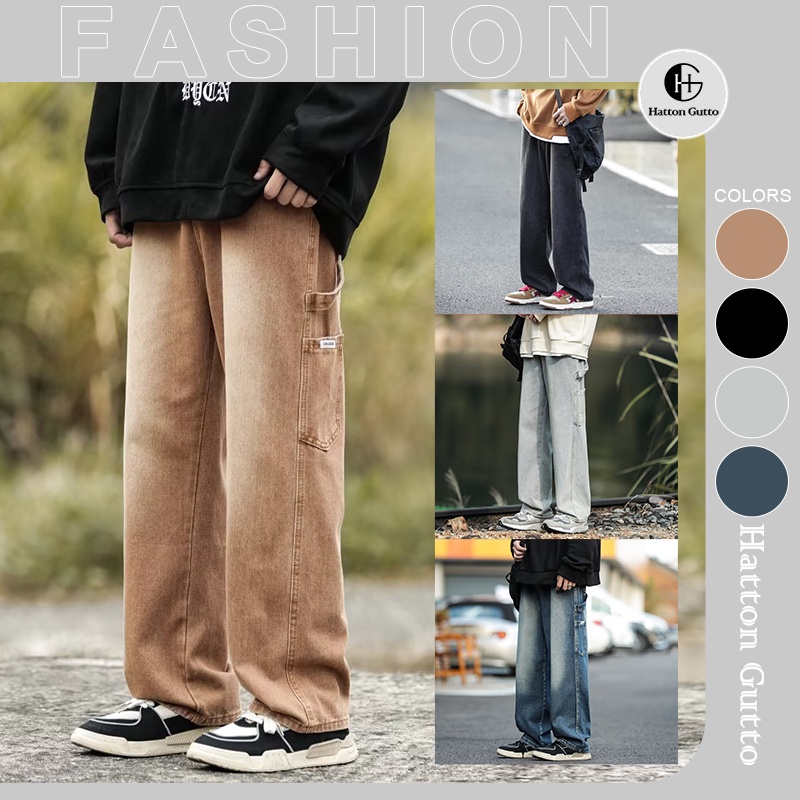 Hattongutto COD OOTD Quần Jean Ống Rộng Màu Đen Phong Cách vintage Cho Nam