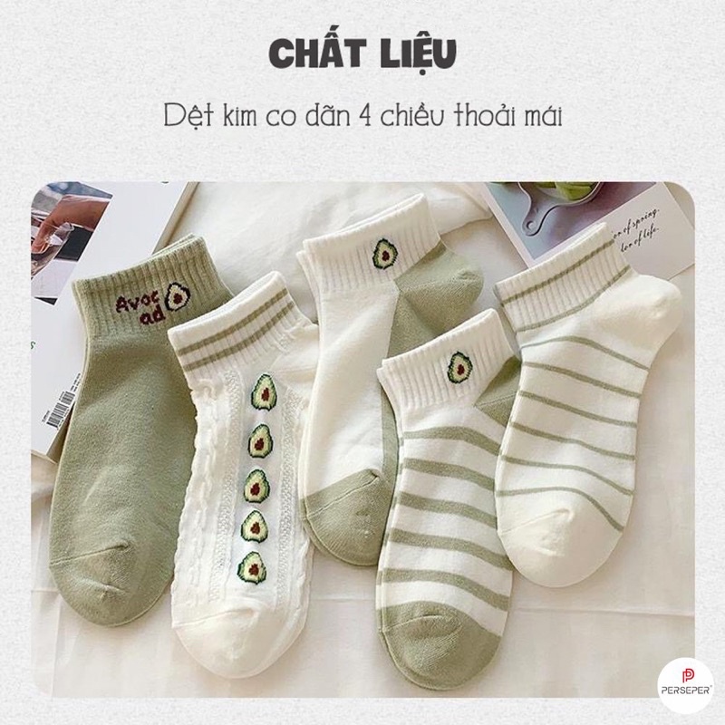 Set 5 đôi tất hoạ tiết quả bơ ,chất vải cotton thoáng mát