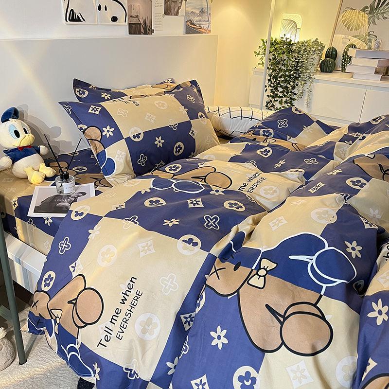 Bộ 3 Vỏ Chăn Ga Gối Đệm In Hình Gấu Hoạt Hình Màu Xanh Dương Phong Cách Bắc Âu Đơn Giản