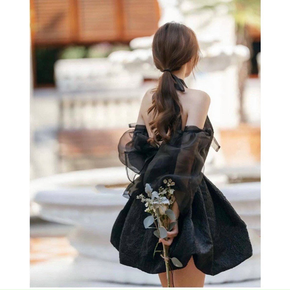 Đầm váy thời trang nữ midi cổ yếm trễ vai tay phồng đơn giản, Đầm dáng ngắn cổ yếm tay áo kiểu trễ vai khác biệt