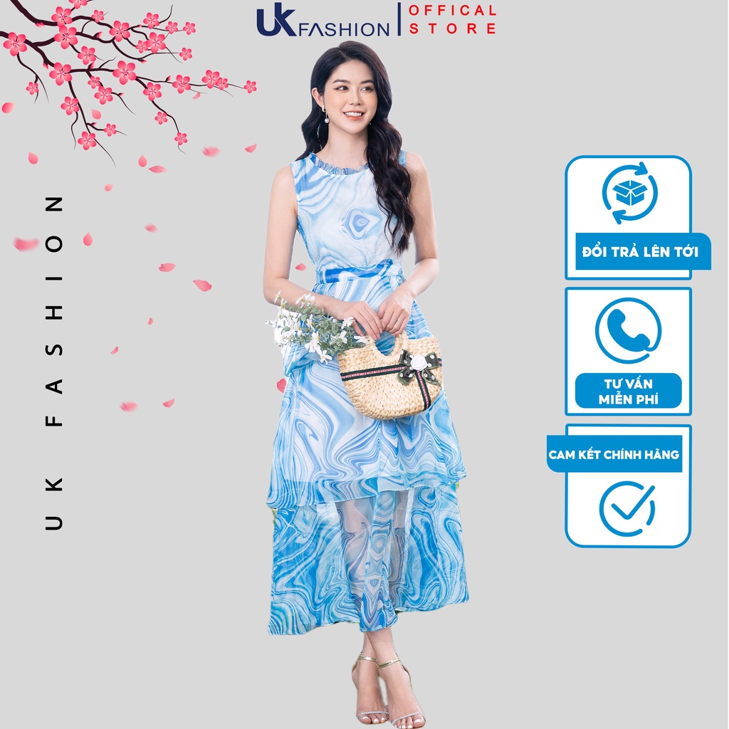 Đầm Voan Maxi Nữ UK Fashion Thiết Kế Sát Nách Cổ Bèo, Thân Xếp Tầng Tinh Tế Họa Tiết Thanh Lịch NKDV2204006