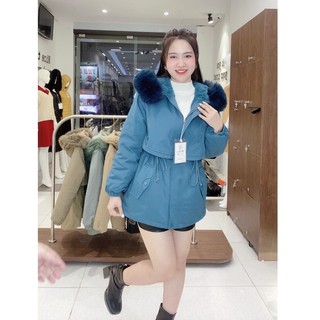 Áo khoác parka kaki nữ lót lông mũ lông rút dây chỉnh eo túi hộp chéo EvaLover