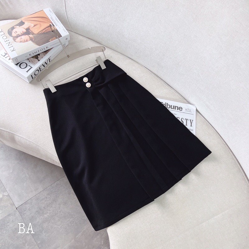 Chân Váy Công Sở Dáng Dài Xếp Ly cách điệu nhún đính cúc