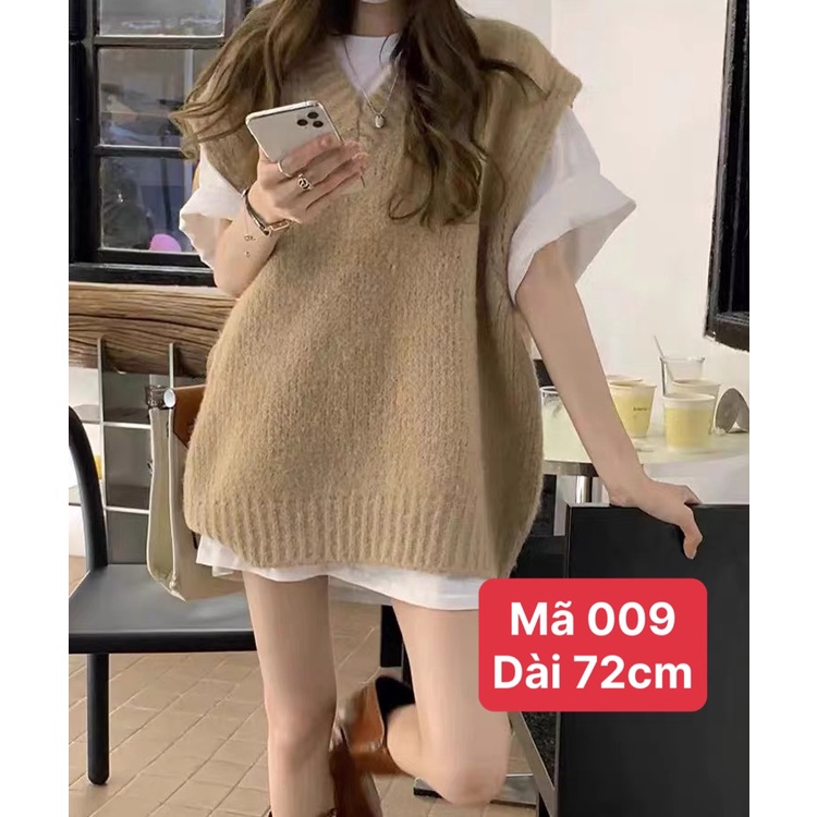 Áo gile len dáng dài rộng dấu quần màu nâu tây và xanh noel shop Đậu Xinh - 009