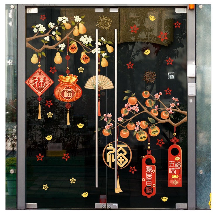 Decal Trang trí Tết 2024, decal dán kính hai mặt, decal có sẵn keo mặt sau trang trí năm mới - T113