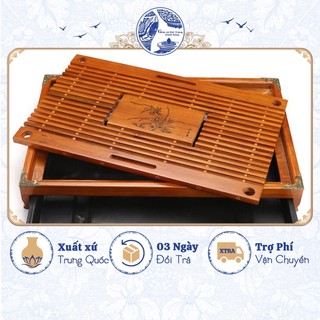 Khay đựng ấm trà gỗ mỹ nghệ nẹp đồng 4 góc hoạ tiết vân nổi