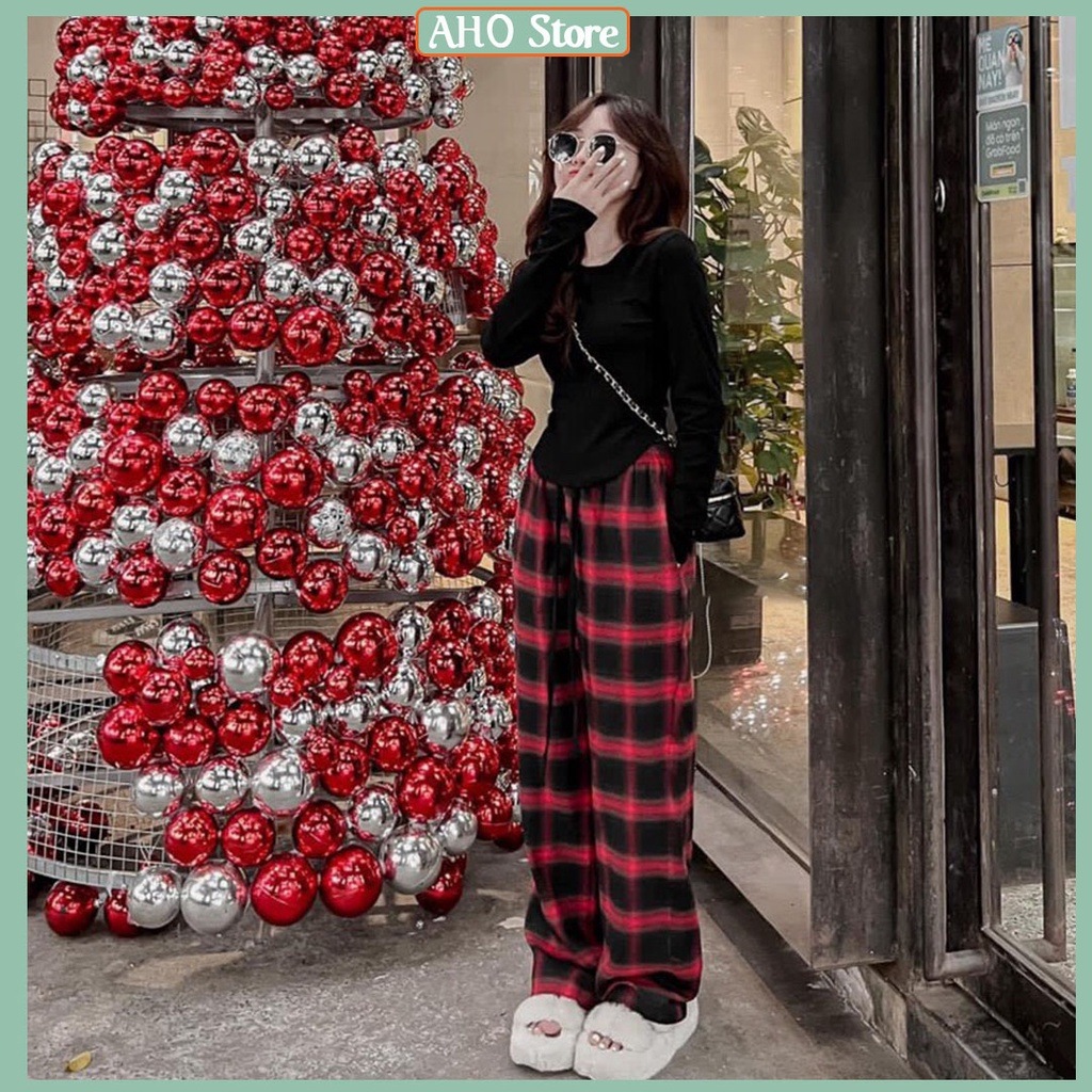 Bộ Đồ Nữ Noel Áo Kiểu Nữ Dài Tay Vạt Bầu Mix Quần Kẻ Caro freesize
